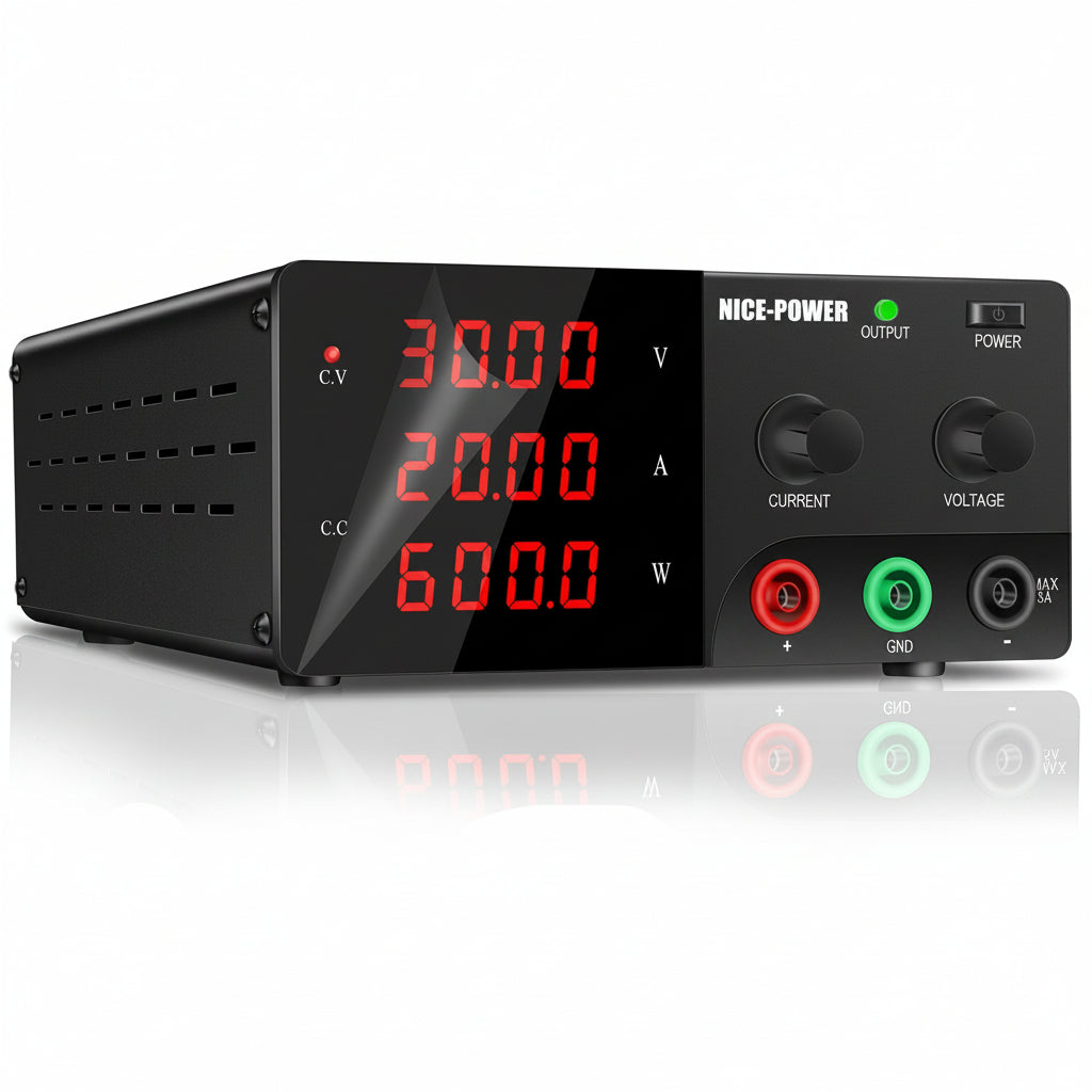Alimentation haute puissance Nice Power R-SPS3020 - 30 V 20 A 600 W CC avec commutateur de sortie, affichage à 4 chiffres et faible ondulation pour utilisation en laboratoire