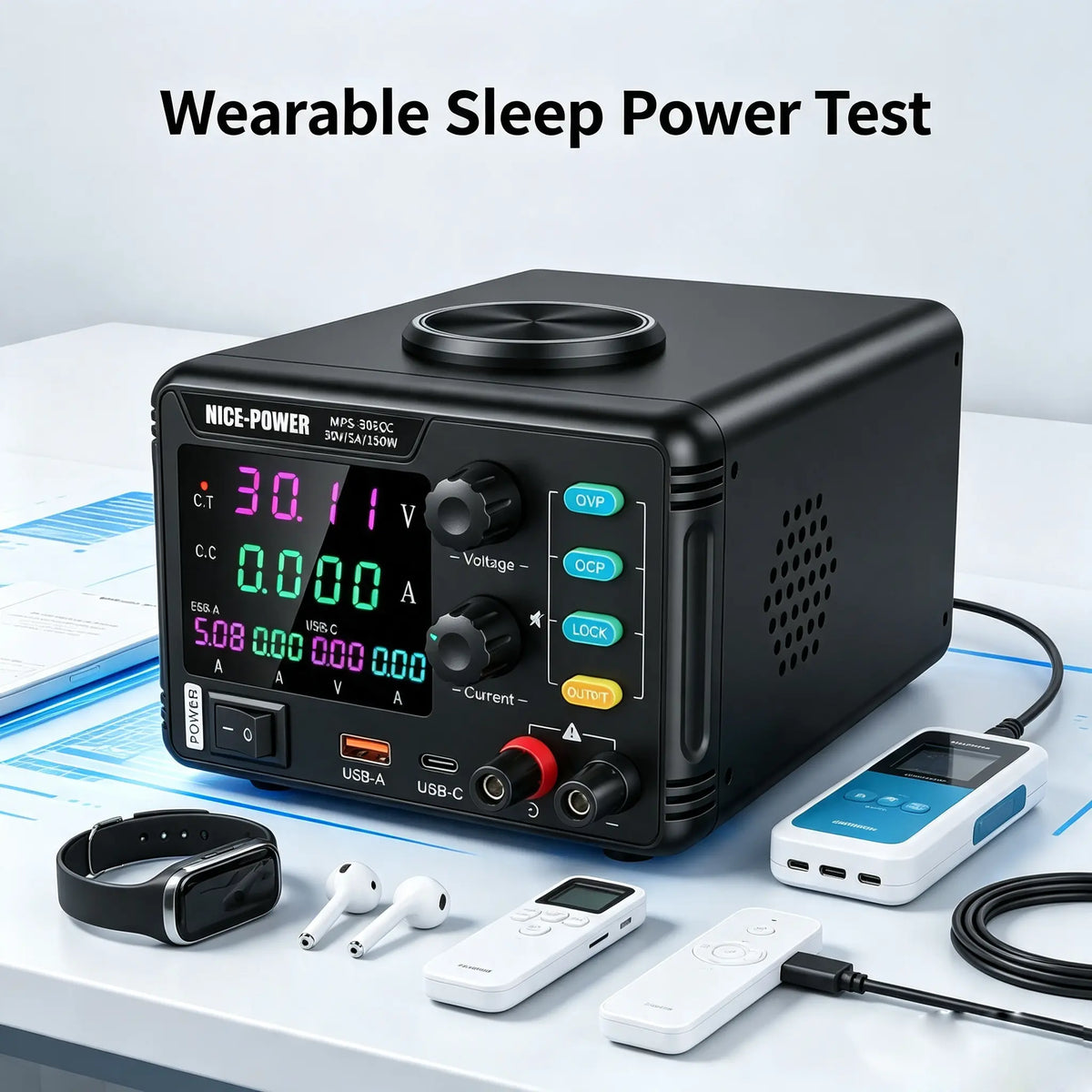 MPS-305QC DC Power Supply 0-30V 5A, High Resolution DC Power Source for Wearable Devices, Bluetooth Headset Sleep Power Consumption Evaluation
