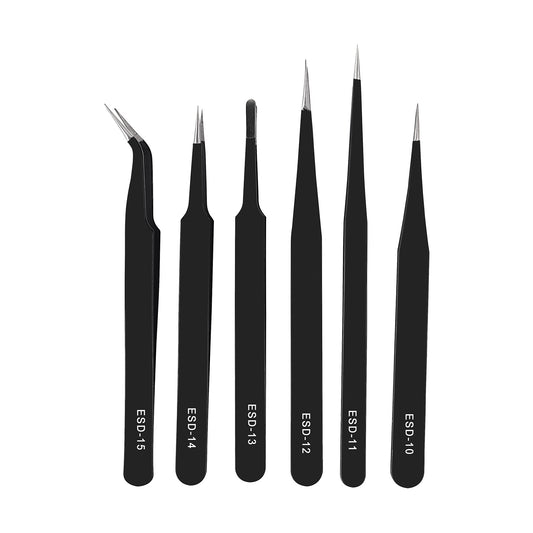 6PCS Precision Tweezers Set, ESD Safe, Anti-Static Stainless Steel, Straight & Angled Tips for Electronics & Jewelry Making