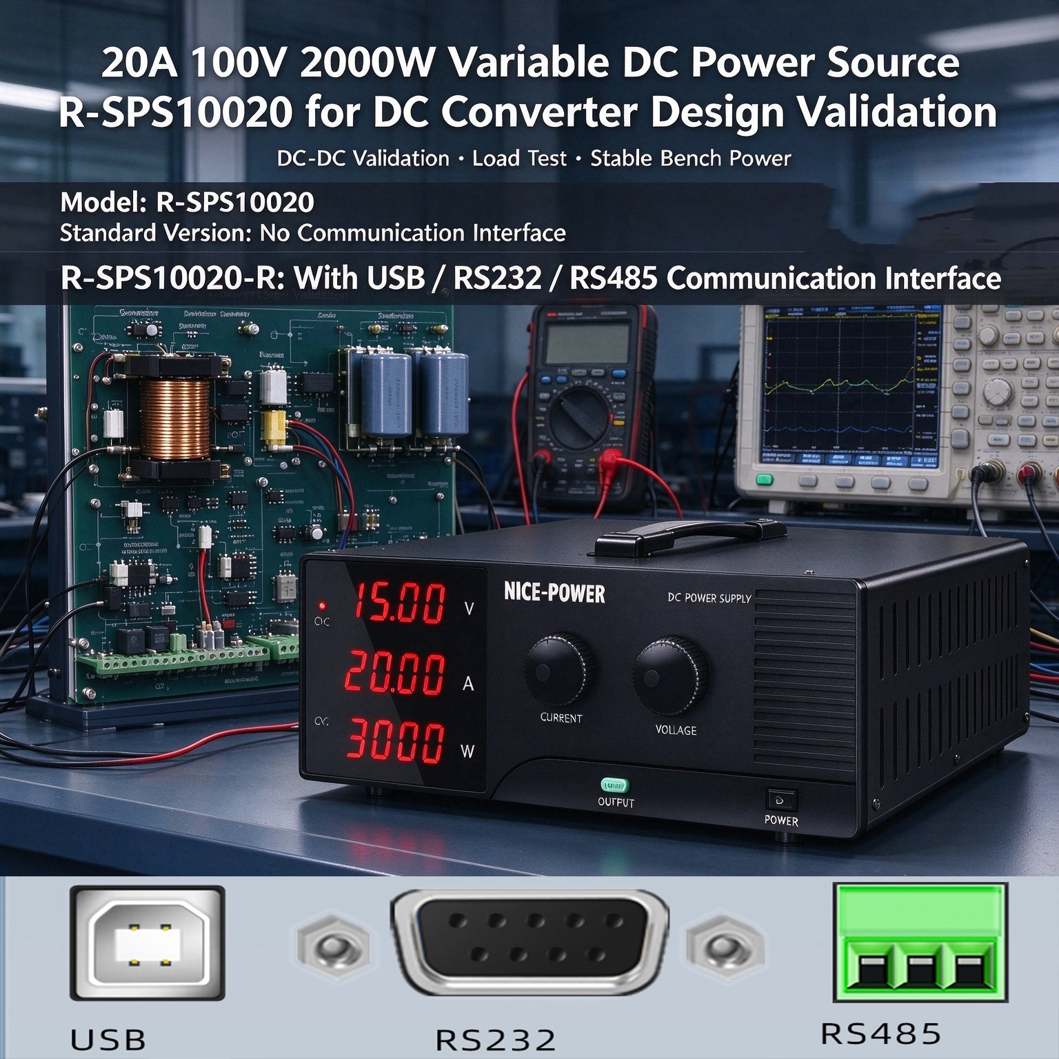 20A 100V 2000W Variable DC Power Source R-SPS10020 for DC Converter Design Validation