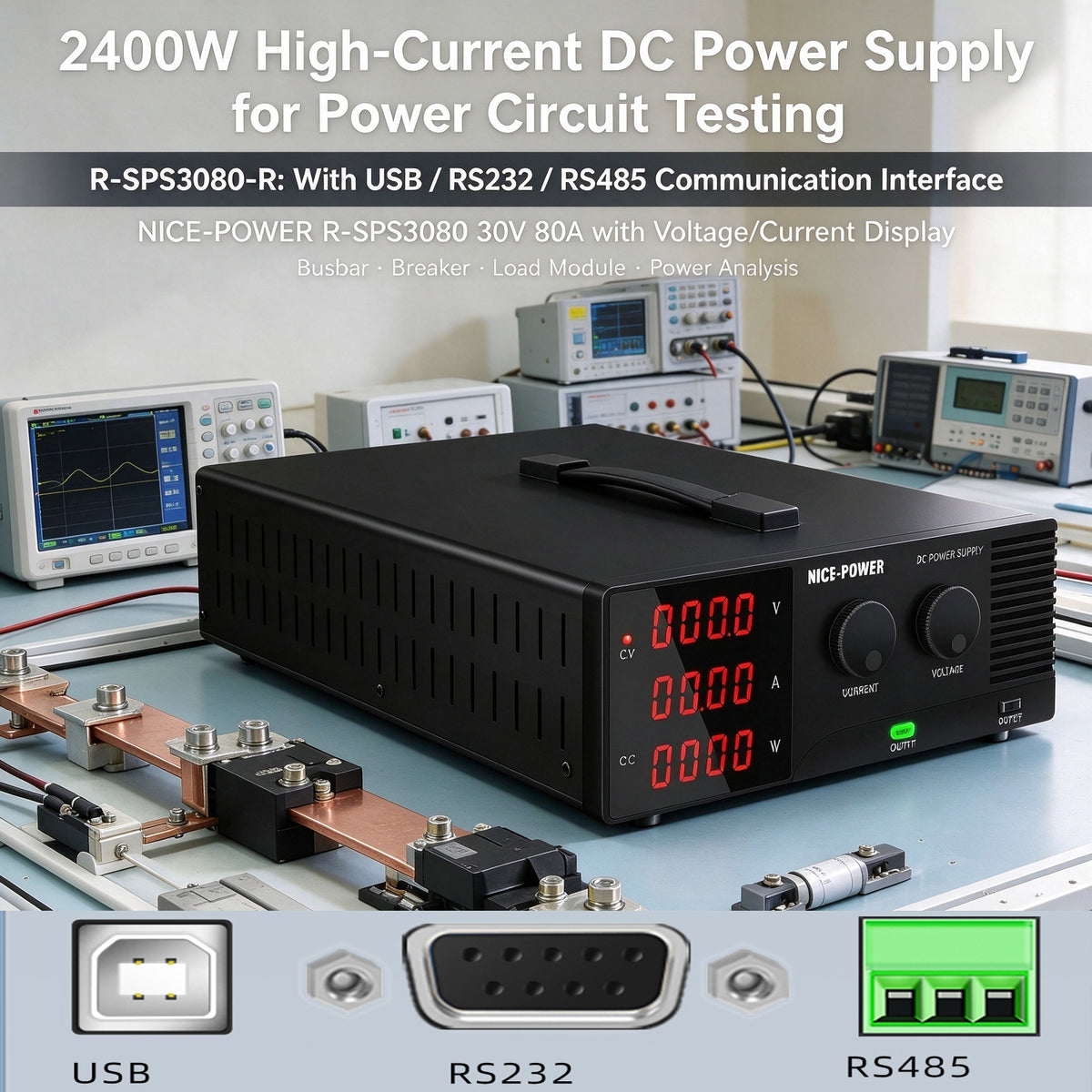 2400W High-Current DC Power Supply for Power Circuit Testing NICE-POWER R-SPS3080 30V 80A with Voltage/Current Display