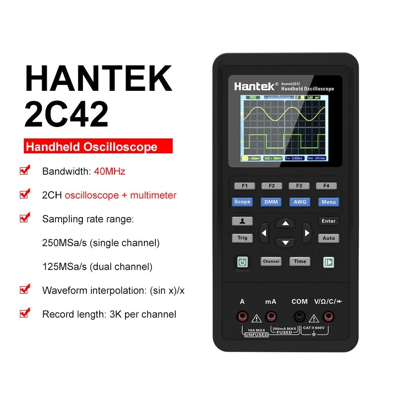 Oscilloscope portable Hantek 2C42 2C72 2D42 2D72 Mini testeur graphique portable 40 MHz 70 MHz Générateur de formes d'ondes USB 3 en 1 Oscilloscope portable 