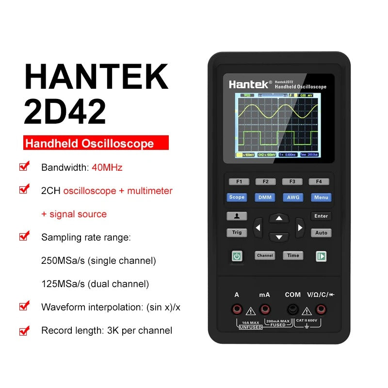 Hantek Handheld Oscilloscope 2C42 2C72 2D42 2D72  Mini Portable Graphics Tester 40MHz 70MHz Usb Waveform Generator 3in1 Osciloscope Portable