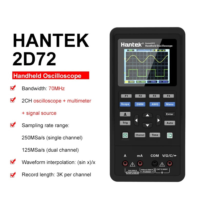 Hantek Handheld Oscilloscope 2C42 2C72 2D42 2D72  Mini Portable Graphics Tester 40MHz 70MHz Usb Waveform Generator 3in1 Osciloscope Portable