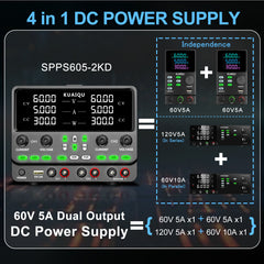 KUAIQU SPPS605-2KD 0–60V 5A Dual-Channel Laboratory DC Power Supply for 5V, 12V & 24V Experiments