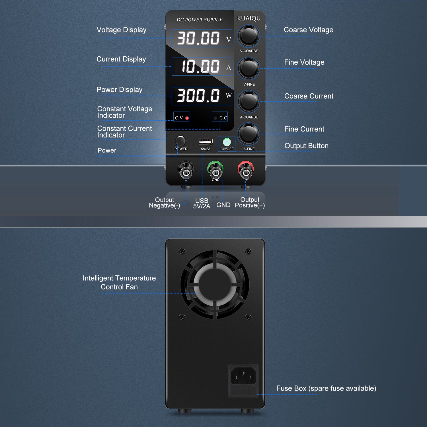 KUAIQU SPS-C3010 30V 10A 300W Adjustable DC Power Supply for Battery Charging &Testing