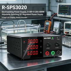Electroplating Power Supply, 0-30V 0-20A 600W Adjustable Switching DC Regulated Power Supply, 4-Digit LED Display, Rotary Encoder, R-SPS3020