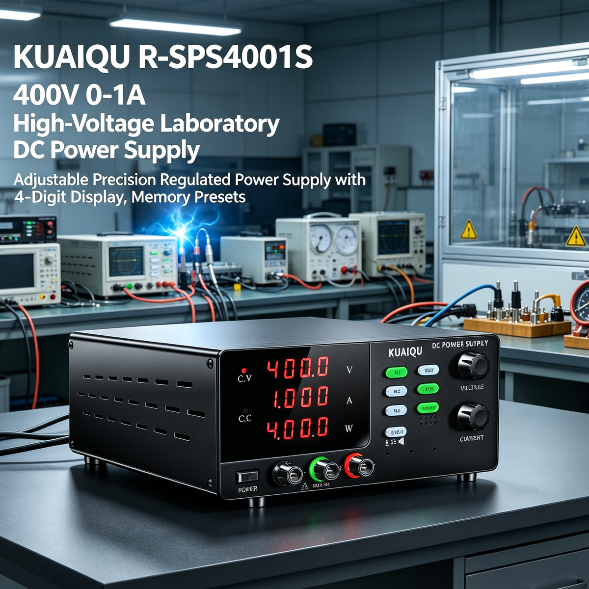 KUAIQU R-SPS4001S 400V 0-1A High-Voltage Laboratory DC Power Supply, Adjustable Precision Regulated Power Supply with 4-Digit Display, Memory Presets