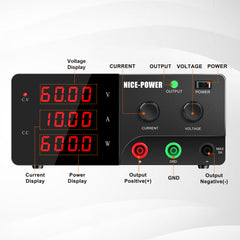 Nice Power R-SPS6010 - Fuente de alimentación de alta potencia de 60 V, 10 A y 600 W CC con interruptor de salida y perilla de ajuste para prueba de envejecimiento