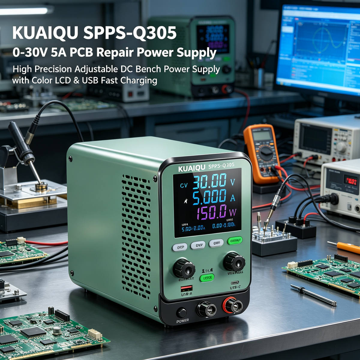KUAIQU SPPS-Q305 0-30V 5A PCB Repair Power Supply, High Precision Adjustable DC Bench Power Supply with Color LCD &USB Fast Charging