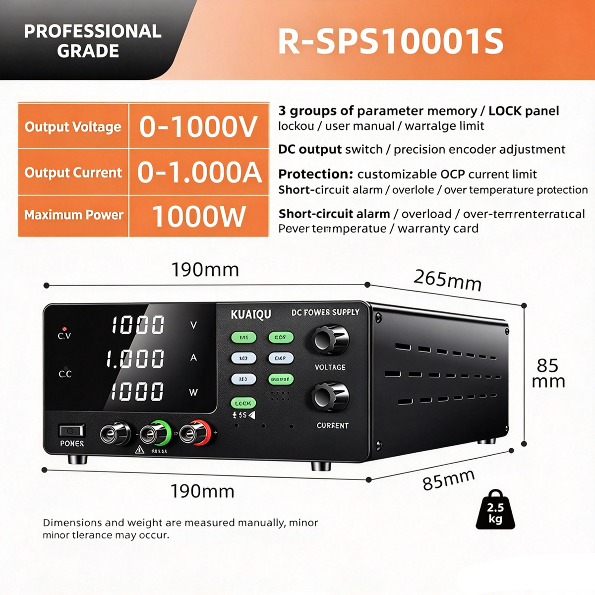 0-1000V 0-1A Programmable High Voltage DC Power Supply,KUAIQU R-SPS10001S Insulation Testing Power Supply for Electrical Safety Equipment