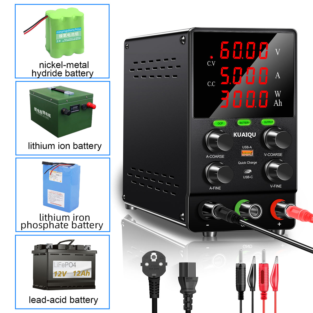 KUAIQU SPS605C 60V 5A Battery Operated DC Power Supply, Error Connection Detection, OCP Protection for Portable Power Source