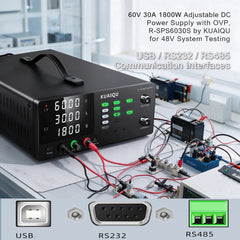 60V 30A 1800W Adjustable DC Power Supply with OVP, R-SPS6030S by KUAIQU for 48V System Testing