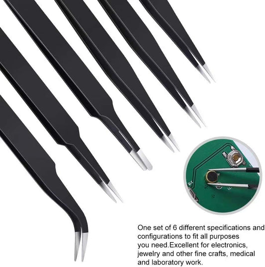 6PCS Precision Tweezers Set, ESD Safe, Anti-Static Stainless Steel, Straight & Angled Tips for Electronics & Jewelry Making
