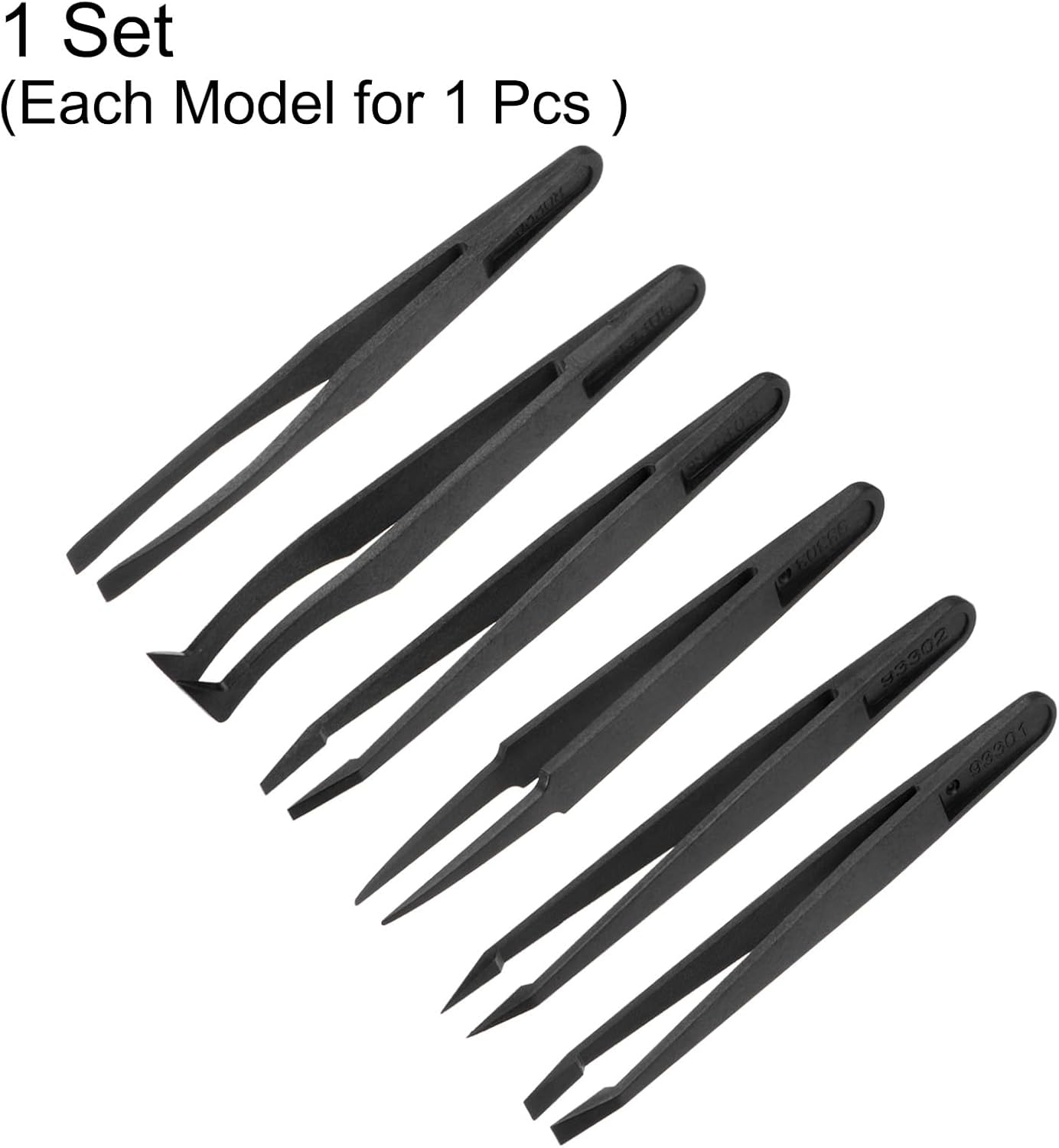 6PCS Plastic Tweezers Set, 120mm Anti-Static Flat/Curved/Round Heads for Electronics, Jewelry, Lab Work & Precision Repair,Black