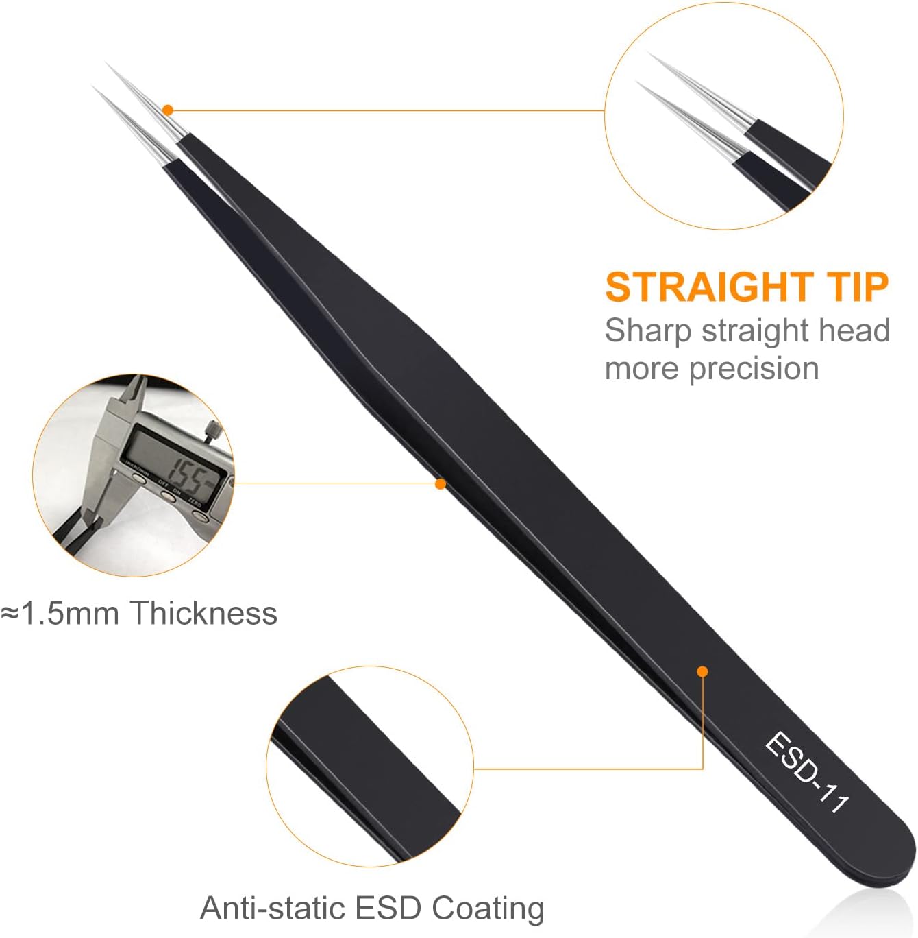 9PCS Precision Tweezers Set, ESD Safe Stainless Steel, Straight/Curved/Flat Tips for Electronics, Jewelry, Soldering & Craft