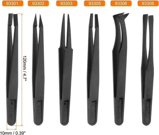 6PCS Plastic Tweezers Set, 120mm Anti-Static Flat/Curved/Round Heads for Electronics, Jewelry, Lab Work & Precision Repair,Black