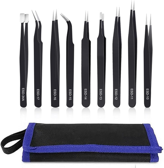 9PCS Precision Tweezers Set, ESD Safe Stainless Steel, Straight/Curved/Flat Tips for Electronics, Jewelry, Soldering & Craft