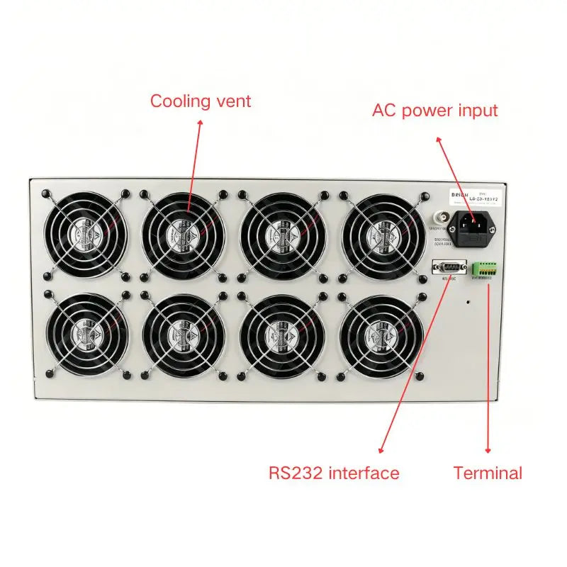 DC electronic load rear panel view, cooling fans and communication ports for single channel battery tester