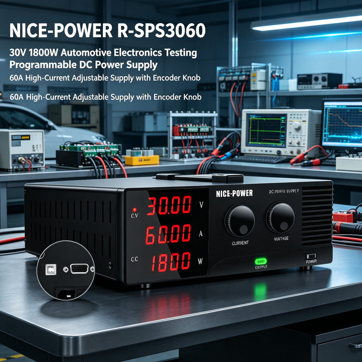 NICE-POWER R-SPS3060 30V 1800W Automotive Electronics Testing Programmable DC Power Supply, 60A High-Current Adjustable Supply with Encoder Knob