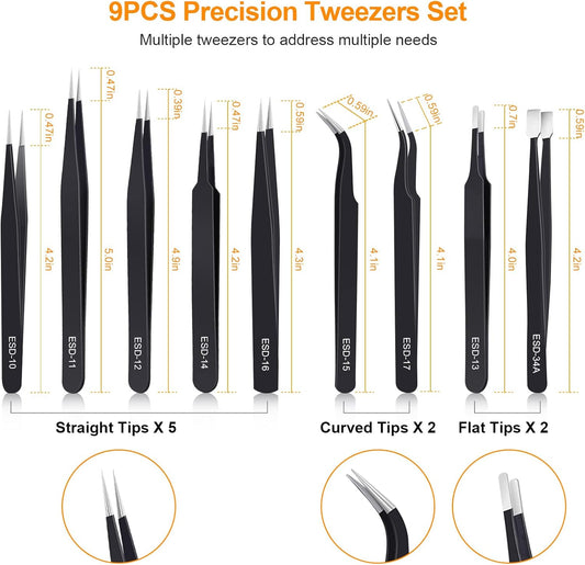 9PCS Precision Tweezers Set, ESD Safe Stainless Steel, Straight/Curved/Flat Tips for Electronics, Jewelry, Soldering & Craft