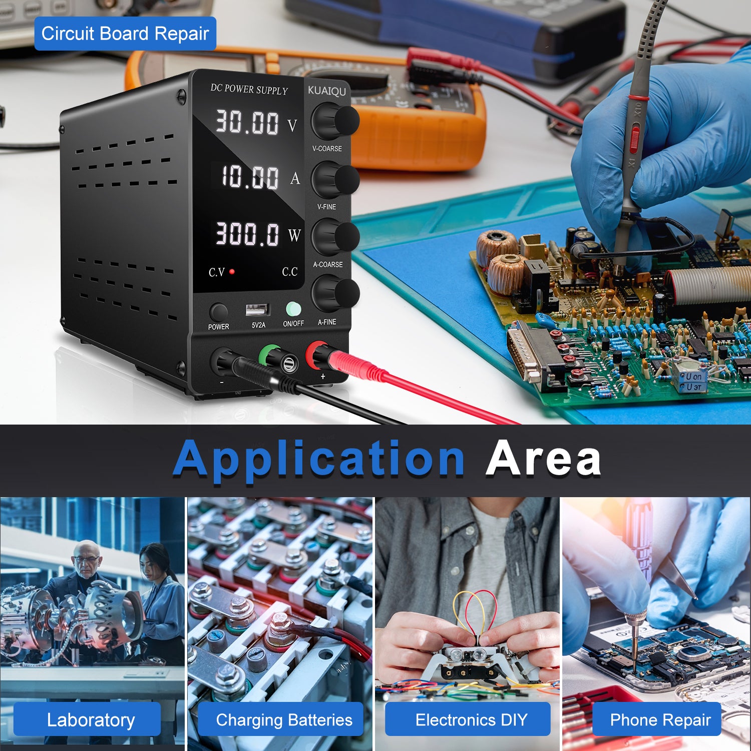 KUAIQU SPS-C3010 30V 10A 300W Adjustable DC Power Supply for Battery Charging &Testing