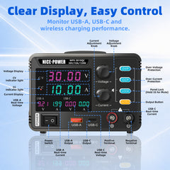 MPS-3010QC 5V 15V 30V Smartphone Repair Power Supply, 10A 150W Adjustable Switching DC Bench Supply for Mobile Phone Charging & Wireless Charging Testing