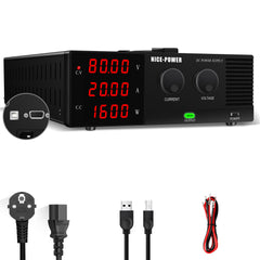DC Test Supply for 48V Auxiliary Power System Testing NICE-POWER R-SPS8020 0-80V 0-20A 1600W with CV/CC Indicators