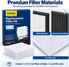 KQ-80SP Fume Extractor Replacement Filter Kit, 5-Pack Pre-Filter Cotton + 2-in-1 Main Filter with Activated Carbon