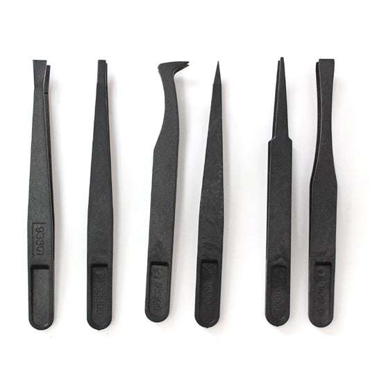 6PCS Plastic Tweezers Set, 120mm Anti-Static Flat/Curved/Round Heads for Electronics, Jewelry, Lab Work & Precision Repair,Black