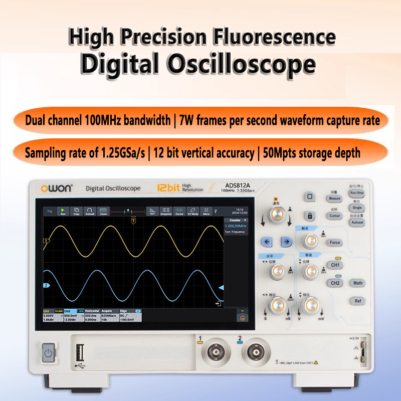 Osciloscopio digital de escritorio de doble canal, ancho de banda de 70 MHz y 100 MHz, resolución de 1,25 GSa/sc, profundidad de almacenamiento de 50 Mpts, velocidad de captura de forma de onda de 7 W fotogramas por segundo 