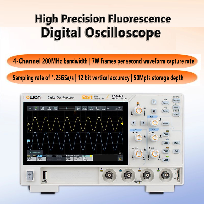 Osciloscopio digital de escritorio de 2 y 4 canales, ancho de banda de 200 MHz, 1,25 GSa/s, precisión vertical de 12 bits, profundidad de almacenamiento de 50 Mpts, pantalla TFT-LCD de 7 pulgadas. 