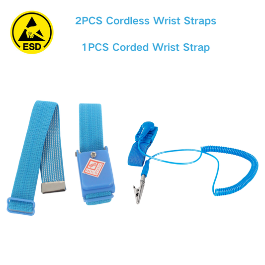 Lot de 2 bracelets antistatiques sans fil et 1 bracelet antistatique filaire, bleu clair, 150-200 Ω/1 MΩ, pour salle blanche et électronique ESD