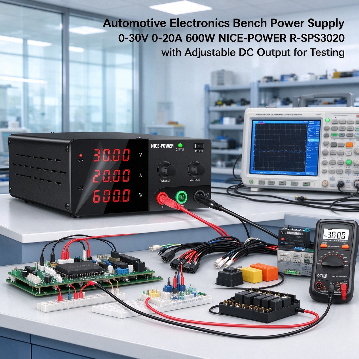 Automotive Electronics Bench Power Supply 0-30V 0-20A 600W NICE-POWER R-SPS3020 with Adjustable DC Output for Testing