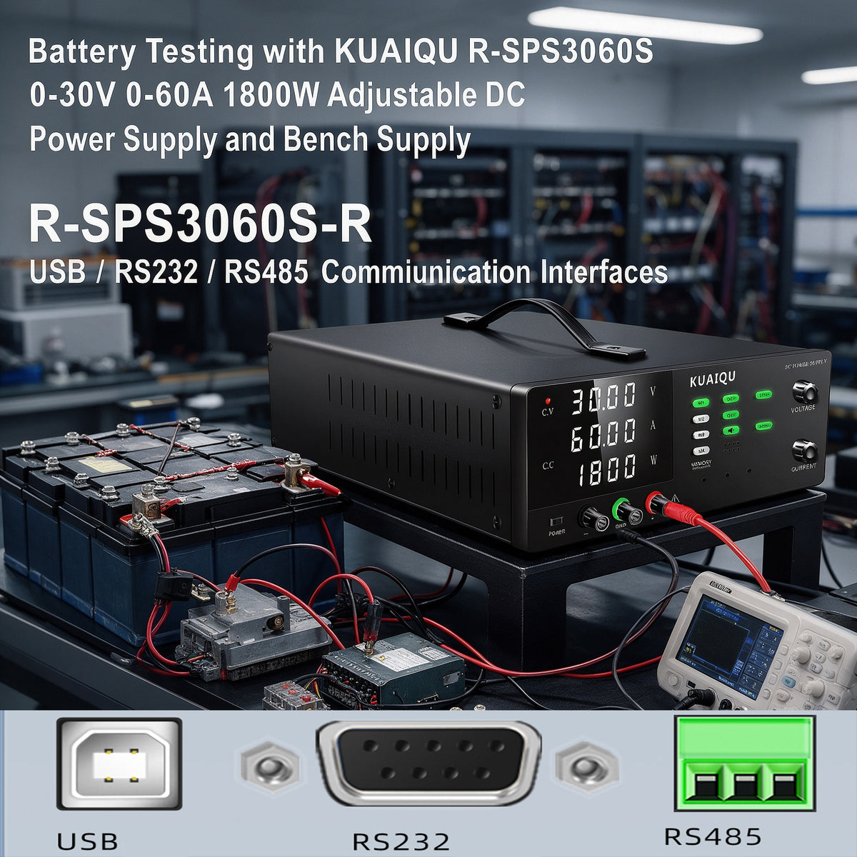 Battery Testing with KUAIQU R-SPS3060S 0-30V 0-60A 1800W Adjustable DC Power Supply and Bench Supply