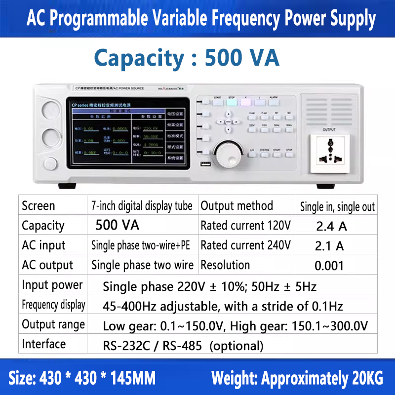 Alimentation CA à fréquence variable programmable 500 VA 1000 VA 45-400 Hz 2,1 A 4,2 A 8,4 A Courant nominal Écran tactile Monophasé de laboratoire 