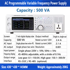 Alimentation CA à fréquence variable programmable 500 VA 1000 VA 45-400 Hz 2,1 A 4,2 A 8,4 A Courant nominal Écran tactile Monophasé de laboratoire 
