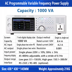 Alimentation CA à fréquence variable programmable 500 VA 1000 VA 45-400 Hz 2,1 A 4,2 A 8,4 A Courant nominal Écran tactile Monophasé de laboratoire 