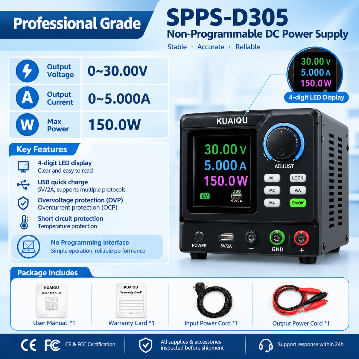 Robotics Power Supply,0-30V 5A Adjustable DC Bench Power Supply with Color LCD Digital Display