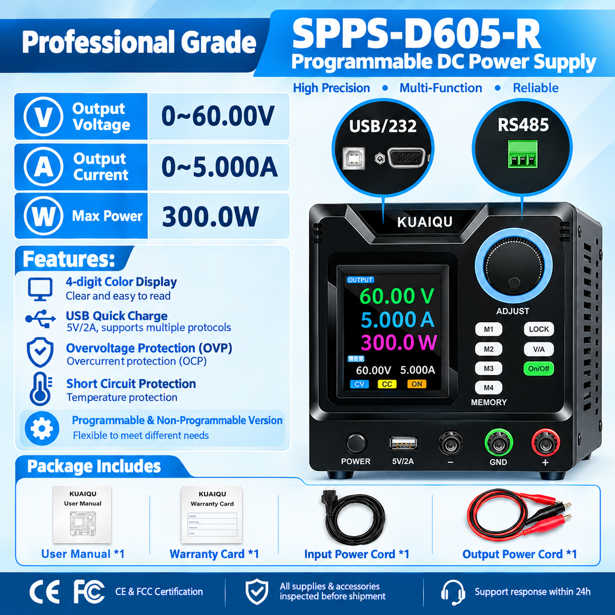 Industrial Automation Power Supply SPPS-D605 15V 30V 60V, 5A 300W Programmable DC Bench Power Supply with 5V/2A USB