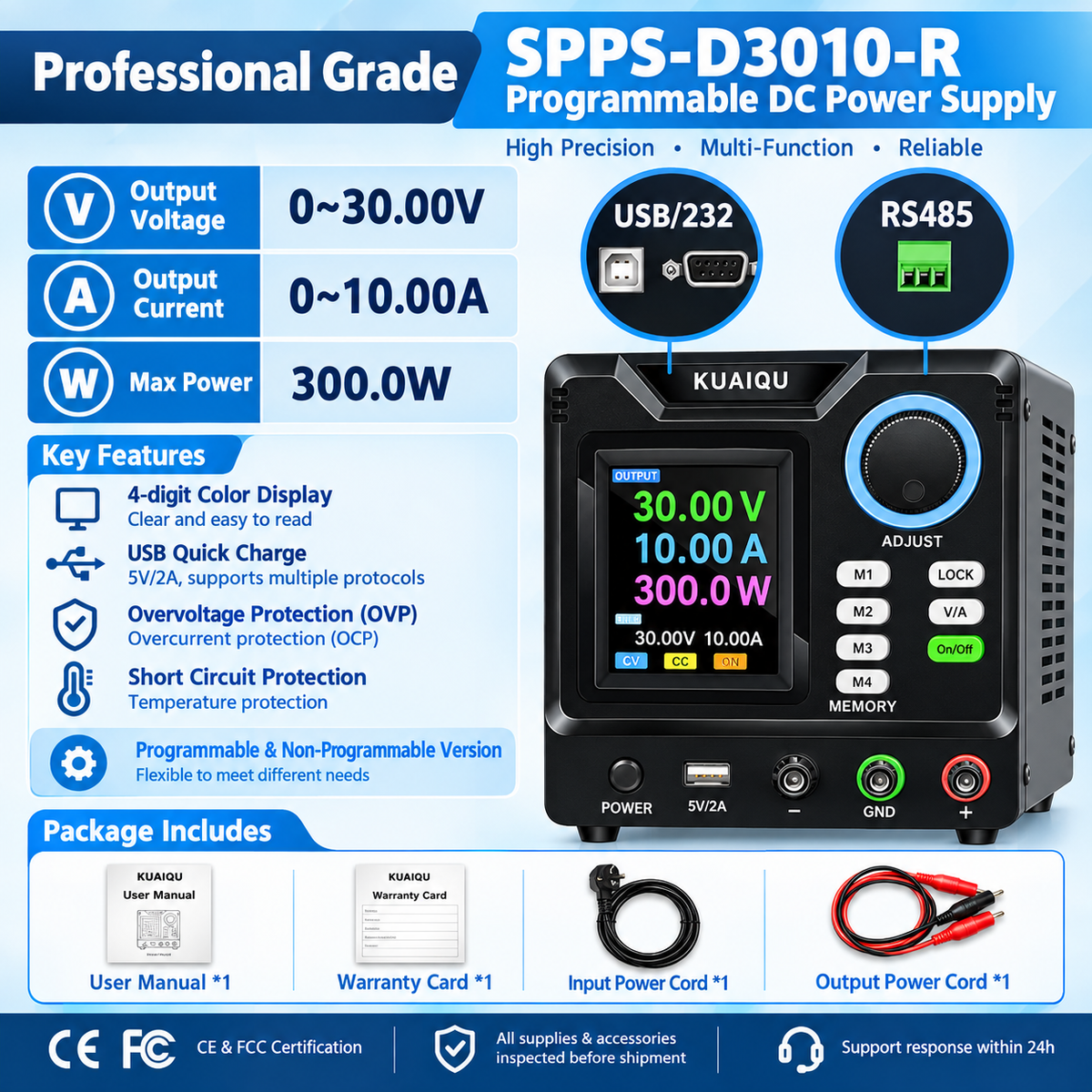 KUAIQU SPPS-D3010 0-30V 0-10A Automotive Electronics Power Supply, Adjustable DC Power Supply for 12V &24V Vehicle Systems
