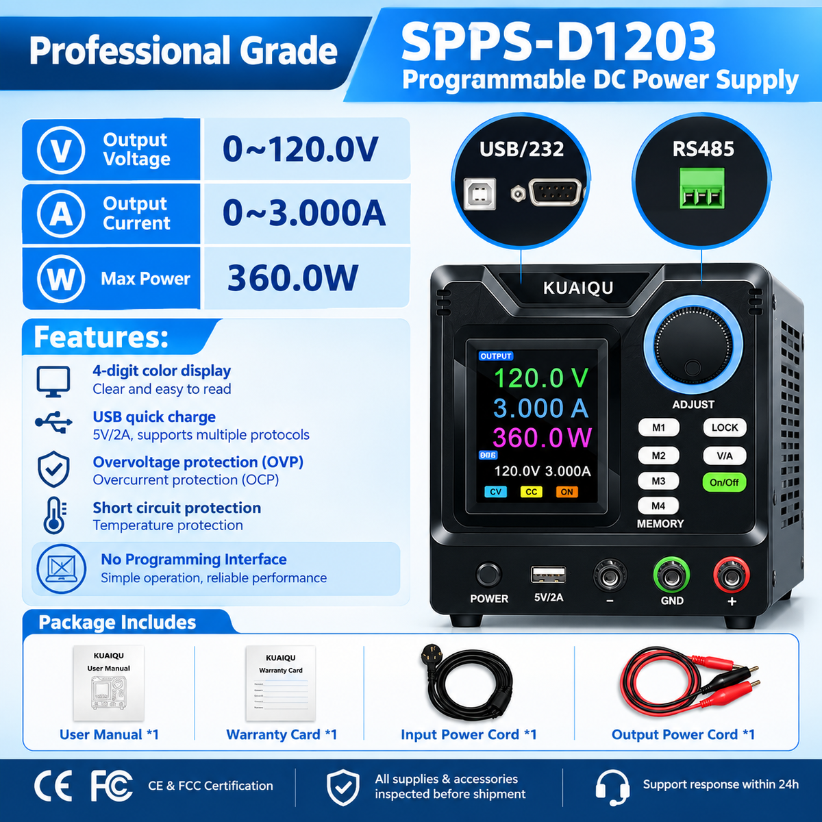 SPPS-D1203 120V 3A 360W Scientific Instrument Power Supply, Laboratory DC Power Supply for Research Equipment