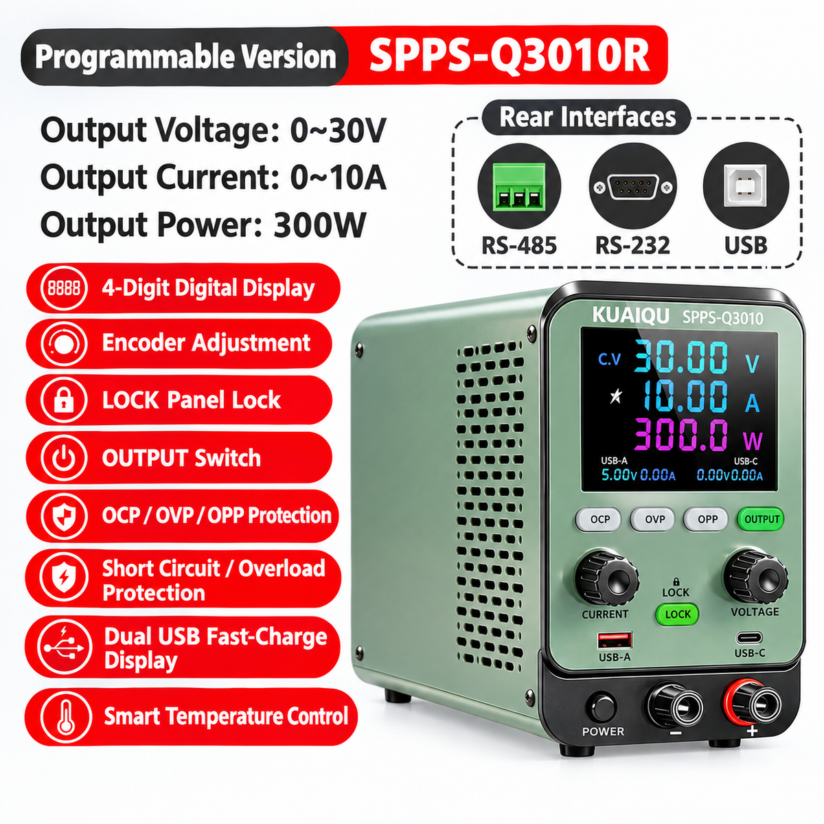 30V 10A 300W Programmable DC Bench Power Supply,SPPS-Q3010 Industrial Sensor Power Supply for Transmitter &I/O Testing