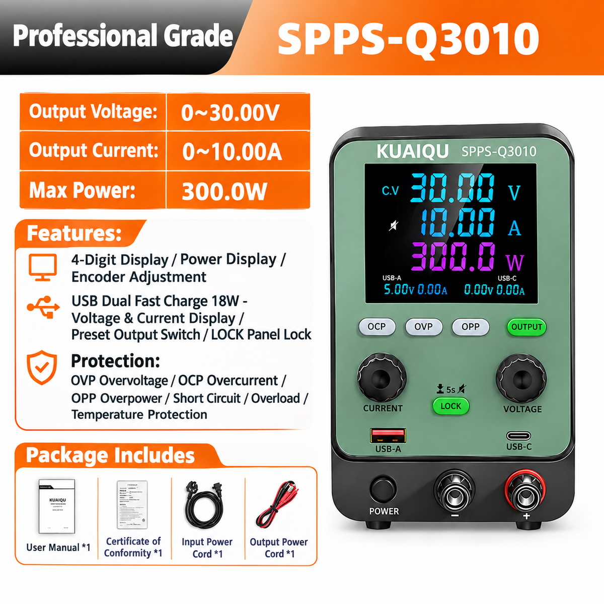 SPPS-Q3010 Robot Motion Control Power Supply, 30V 10A 300W Programmable DC Bench Power Supply for AGV & Servo Development