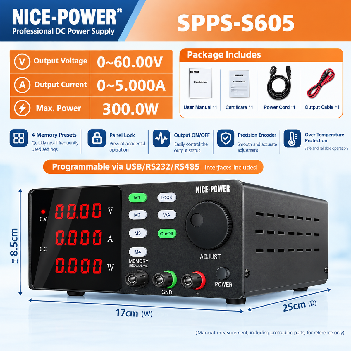 60V 5A Educational Laboratory Power Supply, SPPS-S605 300W Adjustable DC Bench Power Supply for Electronics Education