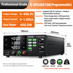 KUAIQU R-SPS4001S Data Center DC Power Supply, 400V 1A 400W Programmable High Voltage DC Power Supply for 380V DC Power Distribution