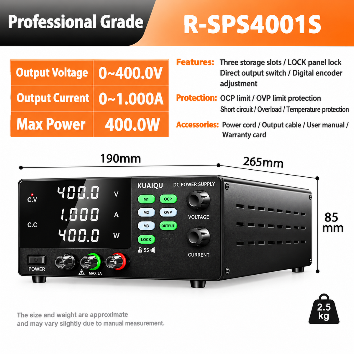 KUAIQU R-SPS4001S Data Center DC Power Supply, 400V 1A 400W Programmable High Voltage DC Power Supply for 380V DC Power Distribution