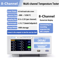 Medidor de temperatura multicanal de 8 y 16 canales, rango de medición de -200 a 1250 °C y de -100 a 1200 °C, con una precisión del 0,2 %. Pantalla táctil LCD TFT a color de 4,3 pulgadas. 