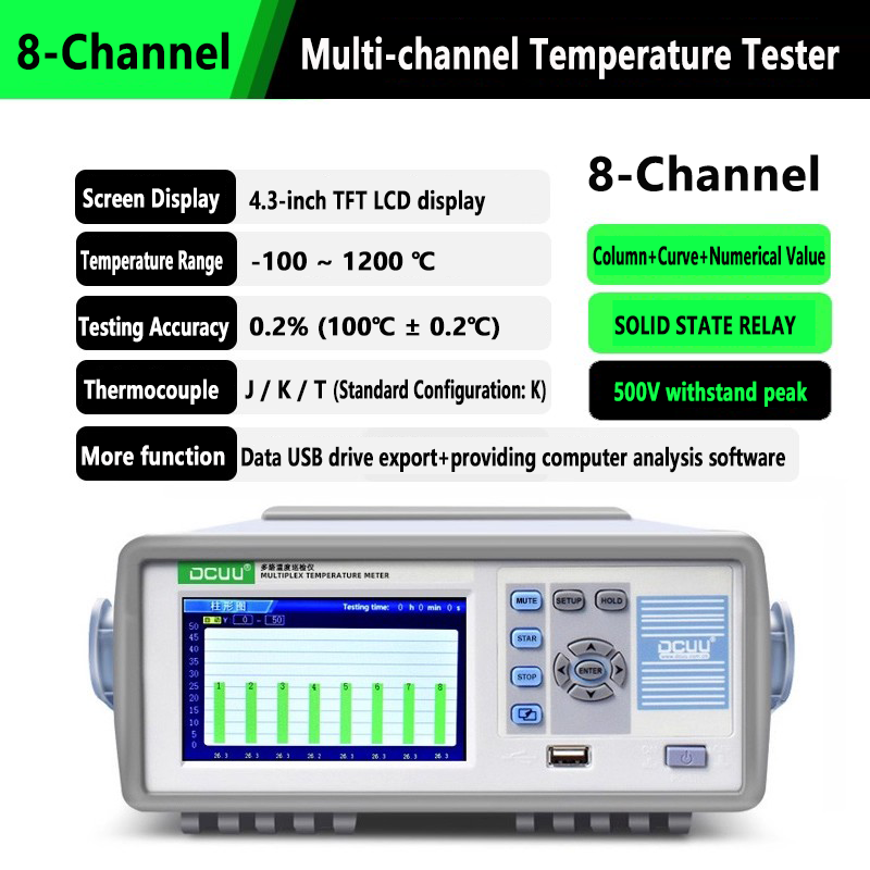 Testeur de température multicanaux 8 canaux 16 canaux -100 ~ 1200 °C Précision 0,2 % J / K / T Thermocouple Écran LCD TFT 4,3 pouces Résistance à la surtension de crête 500 V 