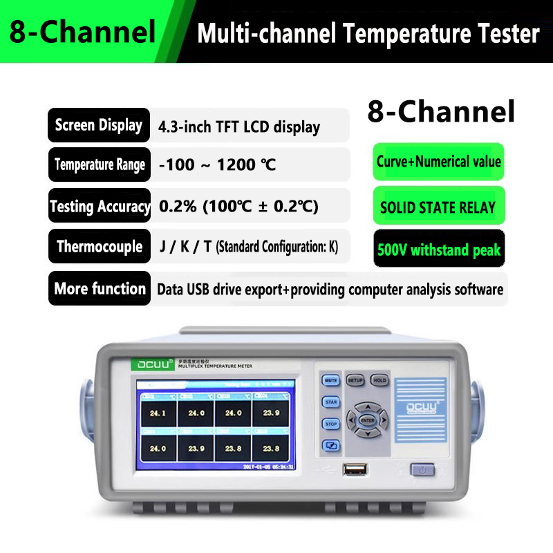 Medidor de temperatura multicanal de 8 y 16 canales, rango de medición de -200 a 1250 °C y de -100 a 1200 °C, con una precisión del 0,2 %. Pantalla táctil LCD TFT a color de 4,3 pulgadas. 